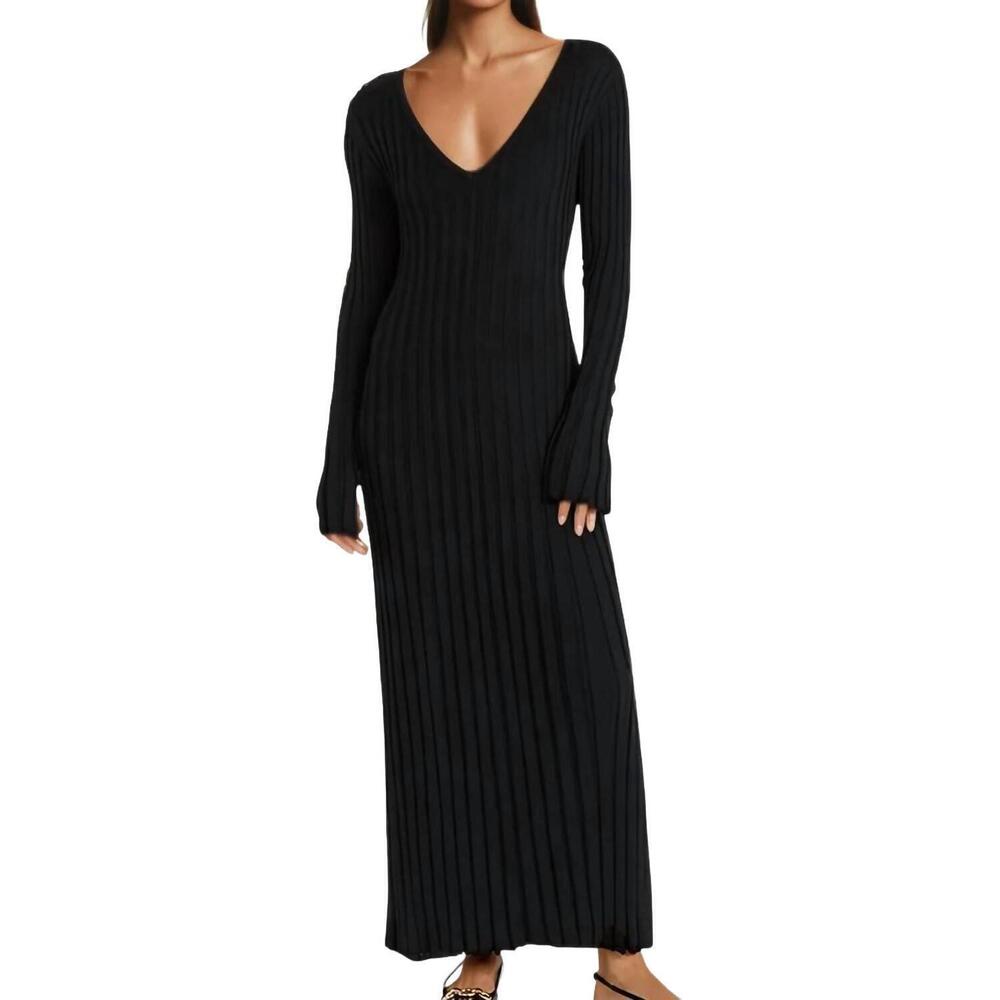 NEW SWEETKAMA eslen long-sleeve wide rib knit maxi dress in black